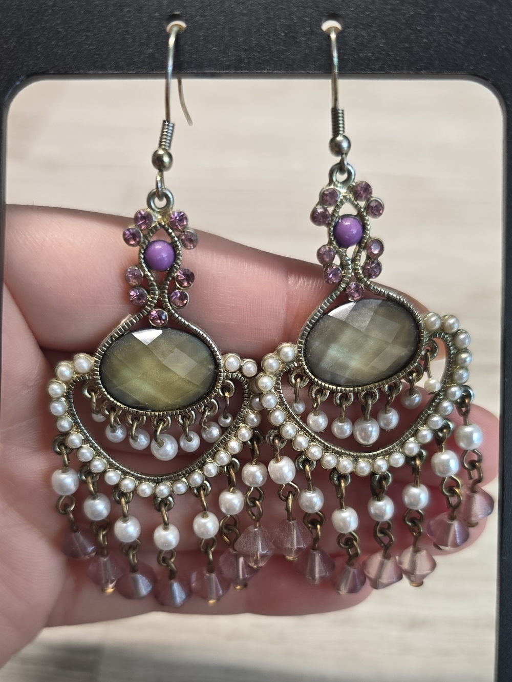 Boho Lavender Crystal & Pearl Chandelier Earrings